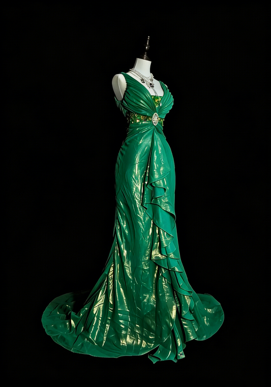 Robe de bal d'été longue, vert foncé, col en V, style sirène vintage années 90, ornée de volants et de perles, idéale pour les soirées formelles des lycéens (N1427).