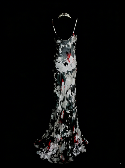 Vintage Ballkleider Ästhetik 1960er Retro Schwarz Blumen Meerjungfrau Langes Partykleid N2135