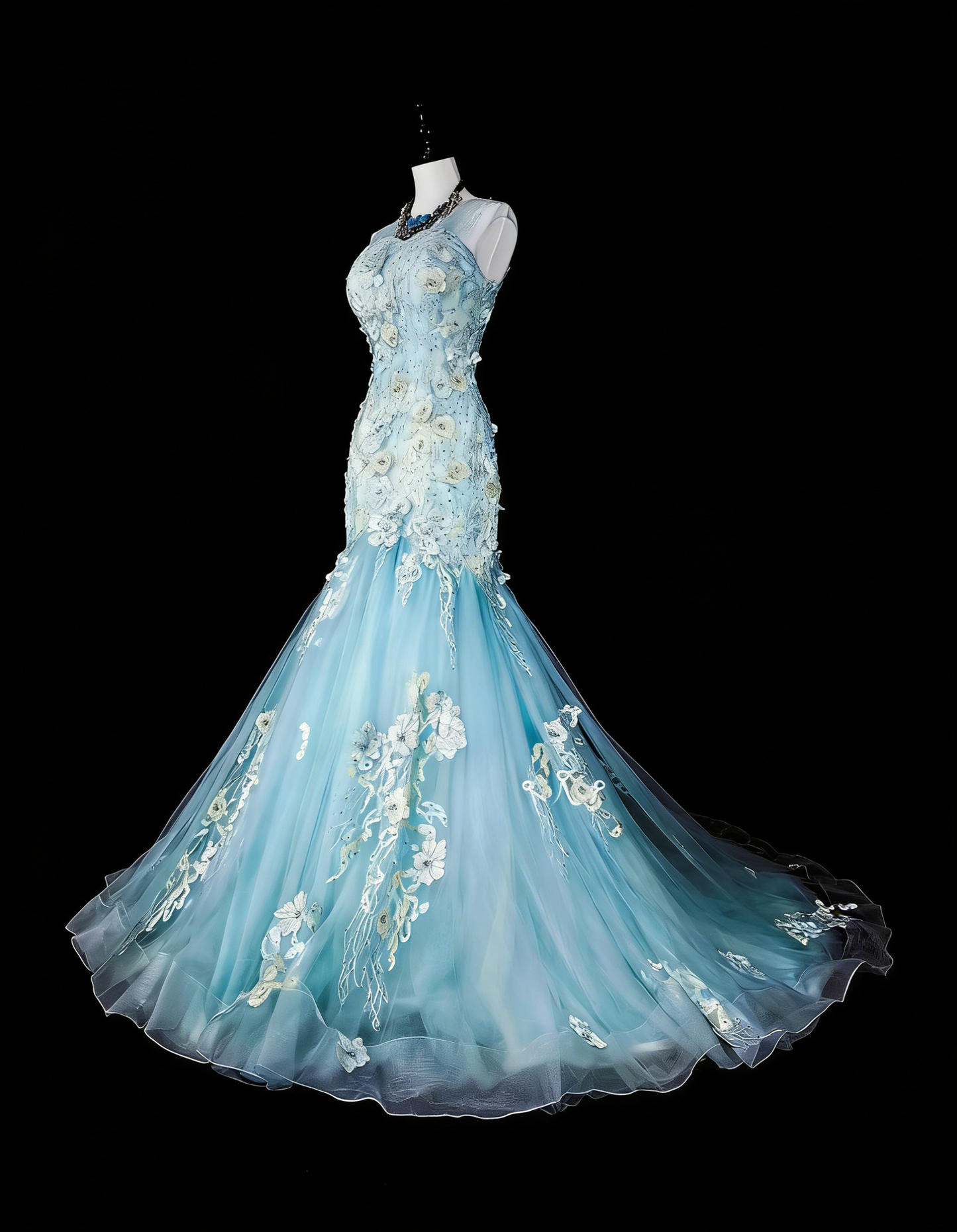 Vintage-Abendkleider, ästhetisches Meerjungfrauen-Kleid, hellblauer Tüll, Spitze, klassisches Partykleid N2002