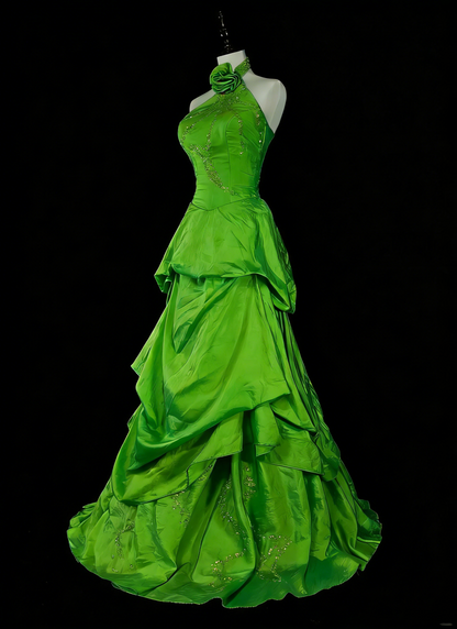 Robe de bal vintage esthétique sirène rétro années 50, longue robe de soirée verte à licou N2020