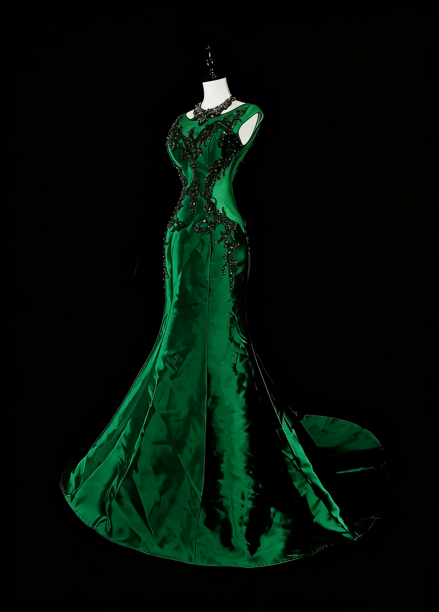 Vintage Abschlussballkleider Meerjungfrau Rundhals Dunkelgrün Satin Mit Perlen 1980er Lange Formelle Abendkleid N2705
