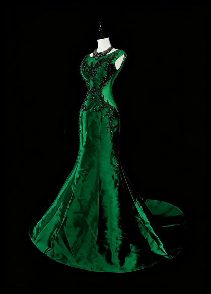 Vintage Abschlussballkleider Meerjungfrau Rundhals Dunkelgrün Satin Mit Perlen 1980er Lange Formelle Abendkleid N2705
