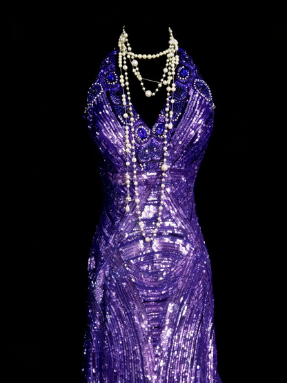 Elegantes, ärmelloses, langes Meerjungfrauen-Abendkleid mit Neckholder, Pailletten und Traubenmuster, N1257