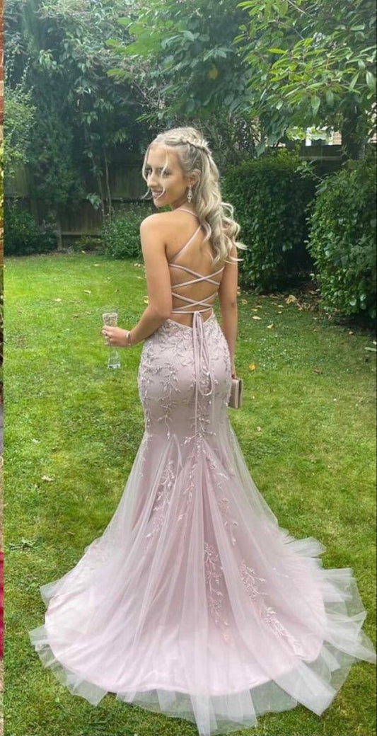 Classy Mermaid Spaghetti Straps Blush Pink Lace Backless Prom Dresses Inspo For Teens Formal Dress Party Outfits Prom Gowns AB024