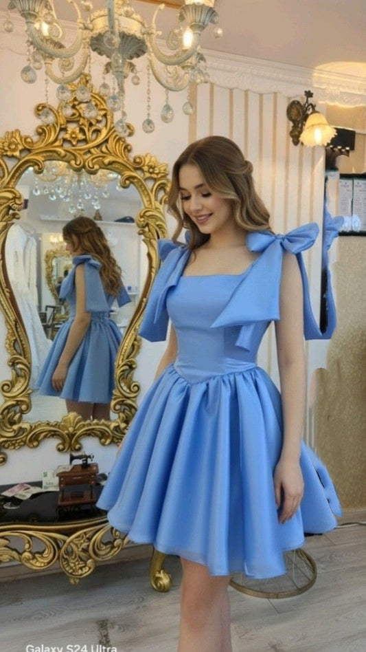 Pretty Ball Gown Spaghetti Strap Blue Satin Mini Homecoming Dresses Short 18th Birthday Outfits RB4215