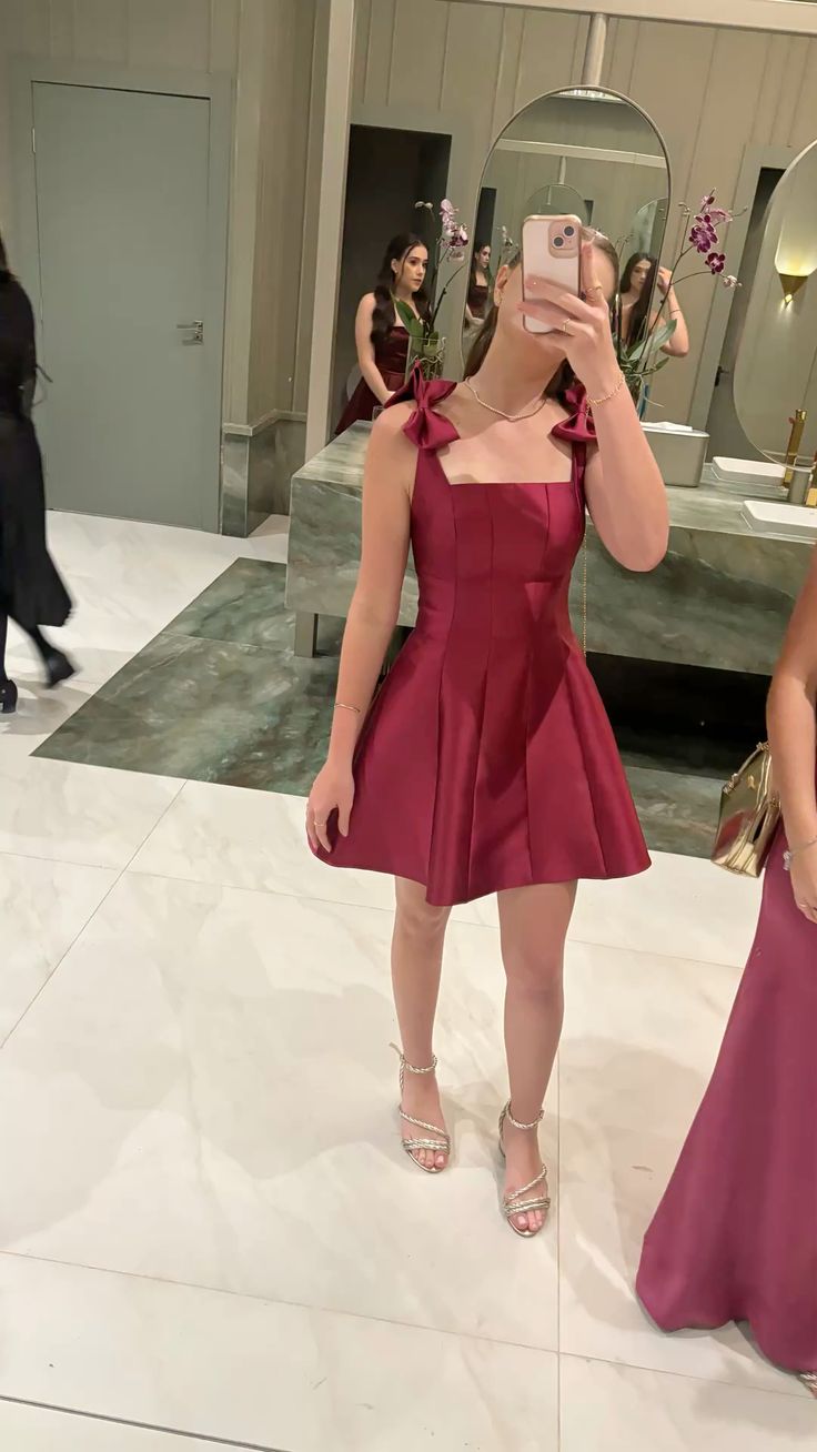 Short burgundy flared dress with a bow on the strap hoco dress Homecoming Dresses RB4219