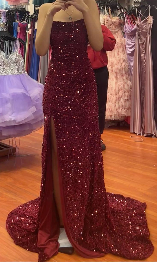 Timeless Mermaid Halter Burgundy Slit Sequin Long Prom Dresses Inspiration Party Dress Prom Gowns RB1975