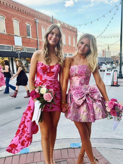 Pretty Ball Gown Strapless Floral Pink Satin Hoco dress inspo Short Hoco Dresses RB6051