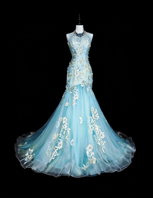 Vintage Prom Dresses Aesthetic Mermaid Light Sky Blue Tulle Lace Classic Inspo Party Dress N2002