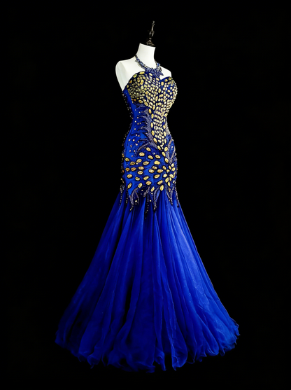 Robe de bal longue vintage sirène bleu royal en tulle, coupe cœur, années 70, référence N1833