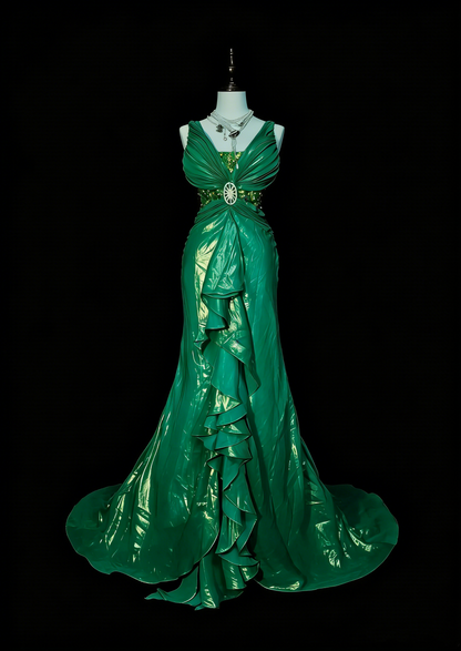 Vintage Mermaid V Neck Dark Green 90s With Ruffles Beaded Long Summer Prom Dresses Senior High Schools Formal Party Dress N1427