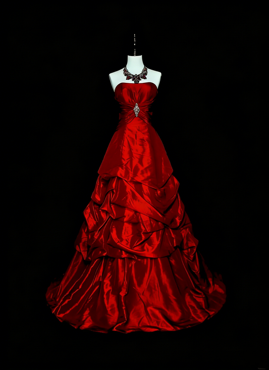 Robe de bal rétro bustier rouge en satin sans manches, style années 70, robe de soirée longue et élégante N1491