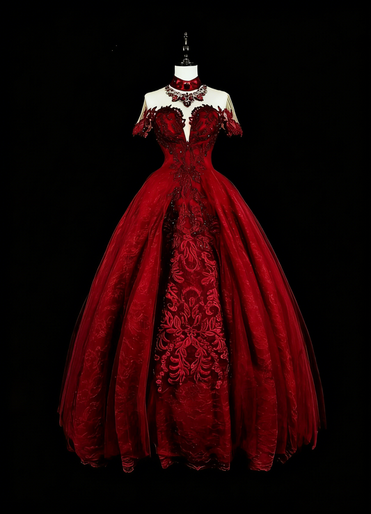 Vintage Prom Dresses Ball Gown Jewel Neck Burgundy With Beading Lace 1980s Long Formal Gown N2706