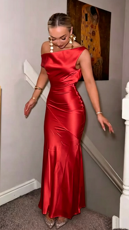 Sexy gelbe Satin-Meerjungfrauen-Abendkleider schulterfrei für Damen N4186
