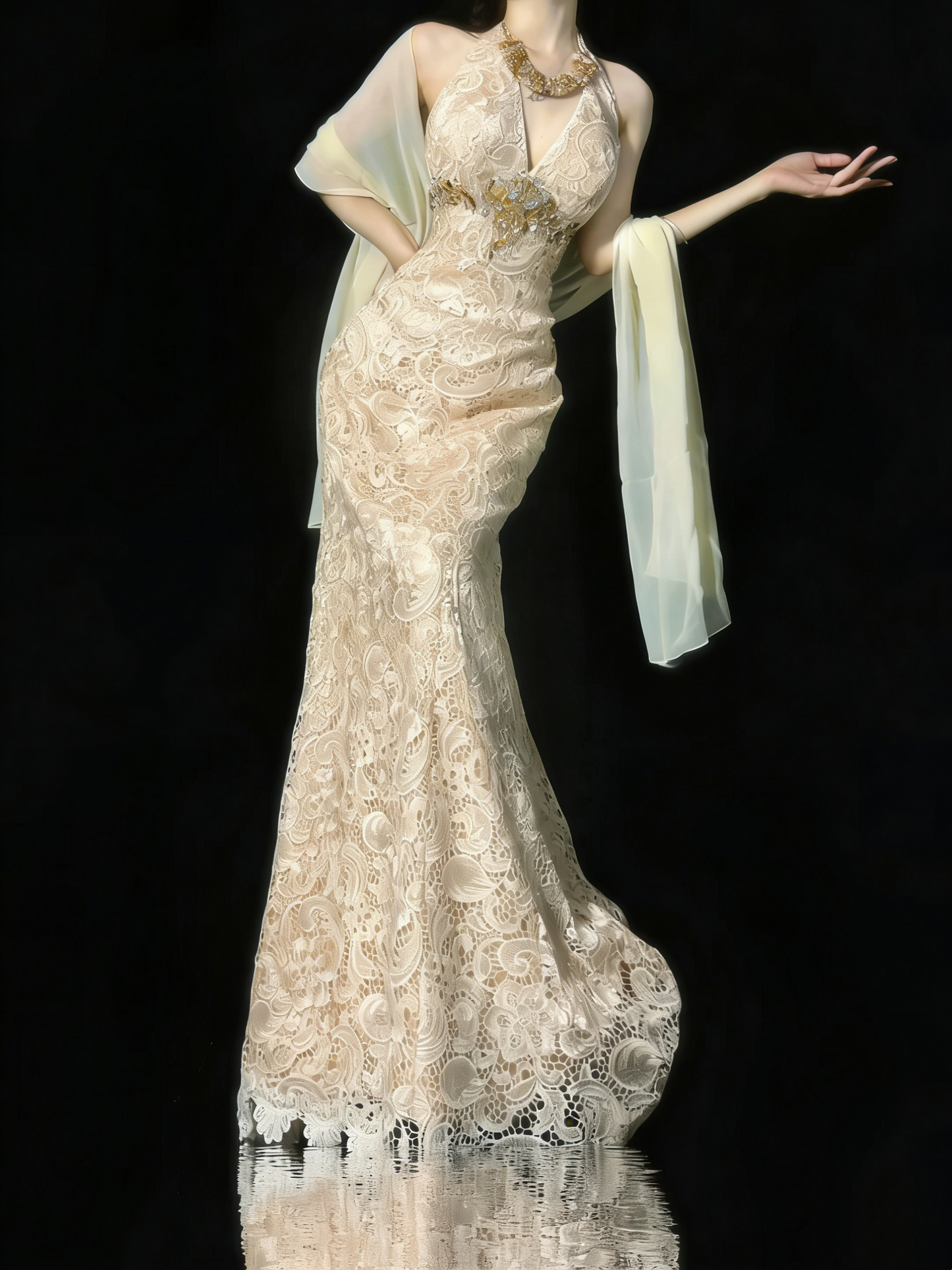 Robe de bal longue en dentelle champagne, coupe trapèze, col en V, style sobre, idéale pour les jeunes filles (N1187)