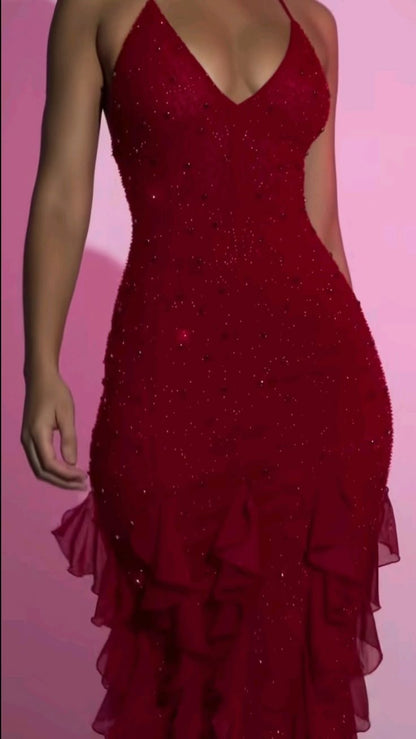 Einzigartiges, figurbetontes Etuikleid mit Spaghettiträgern aus burgunderrotem Chiffon und Pailletten – langes Partykleid, Abendkleid, Geburtstagskleid, AB2348