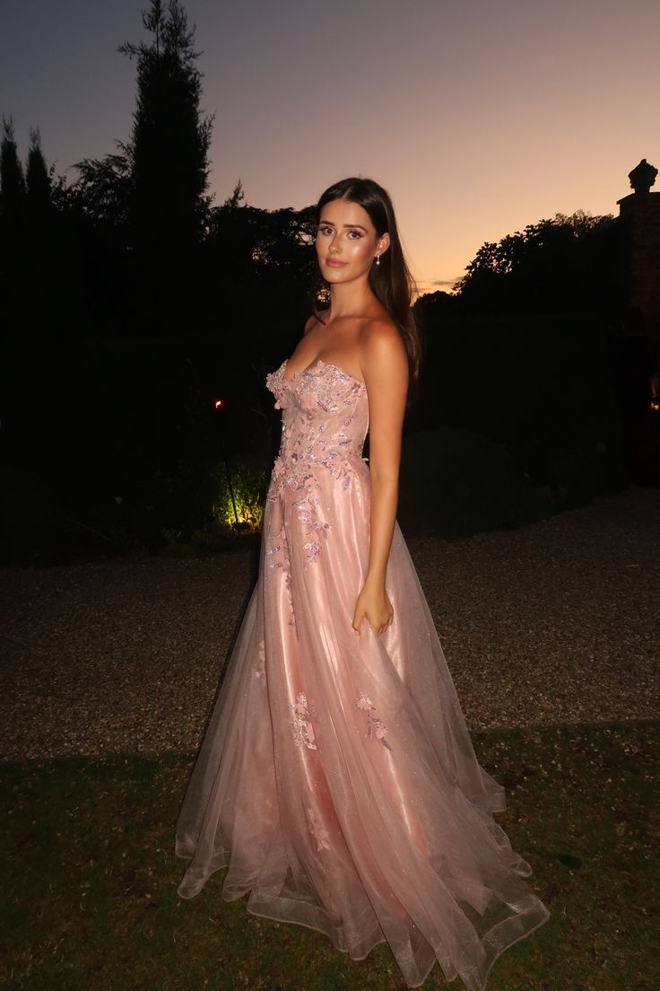 Robe de bal classique bustier cœur en tulle rose poudré avec appliques, longue, tenue de soirée pour la remise des diplômes N027