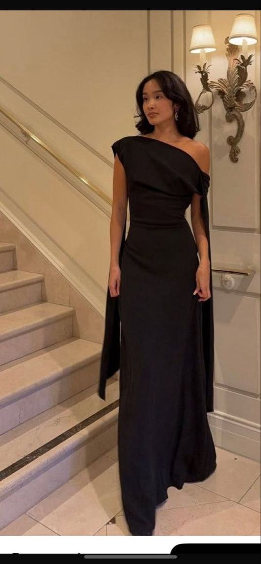 Bezauberndes, schulterfreies, langes Etuikleid aus schwarzem Satin, langes Ballkleid, Abendgarderobe, formelles Kleid N1002