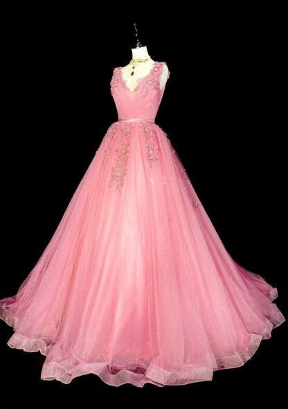 Robe de bal sobre en tulle rose à col en V, longue, inspiration robe de soirée princesse N1298