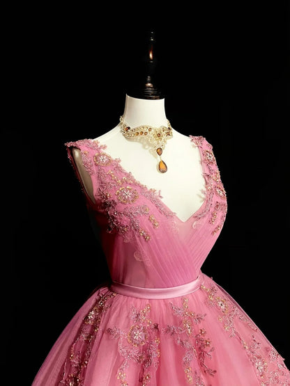Robe de bal sobre en tulle rose à col en V, longue, inspiration robe de soirée princesse N1298