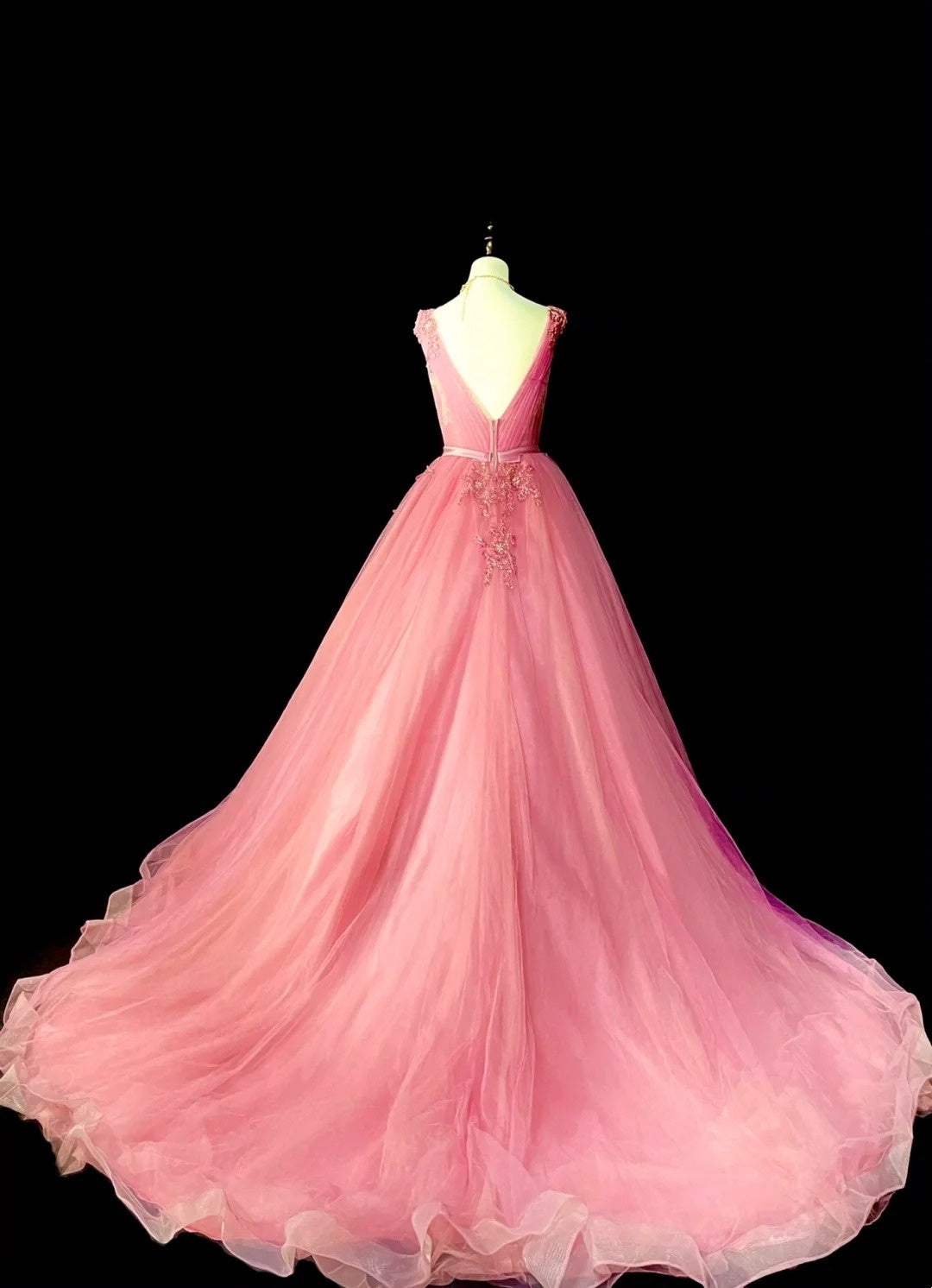 Robe de bal sobre en tulle rose à col en V, longue, inspiration robe de soirée princesse N1298