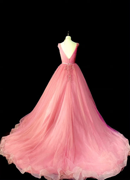 Robe de bal sobre en tulle rose à col en V, longue, inspiration robe de soirée princesse N1298
