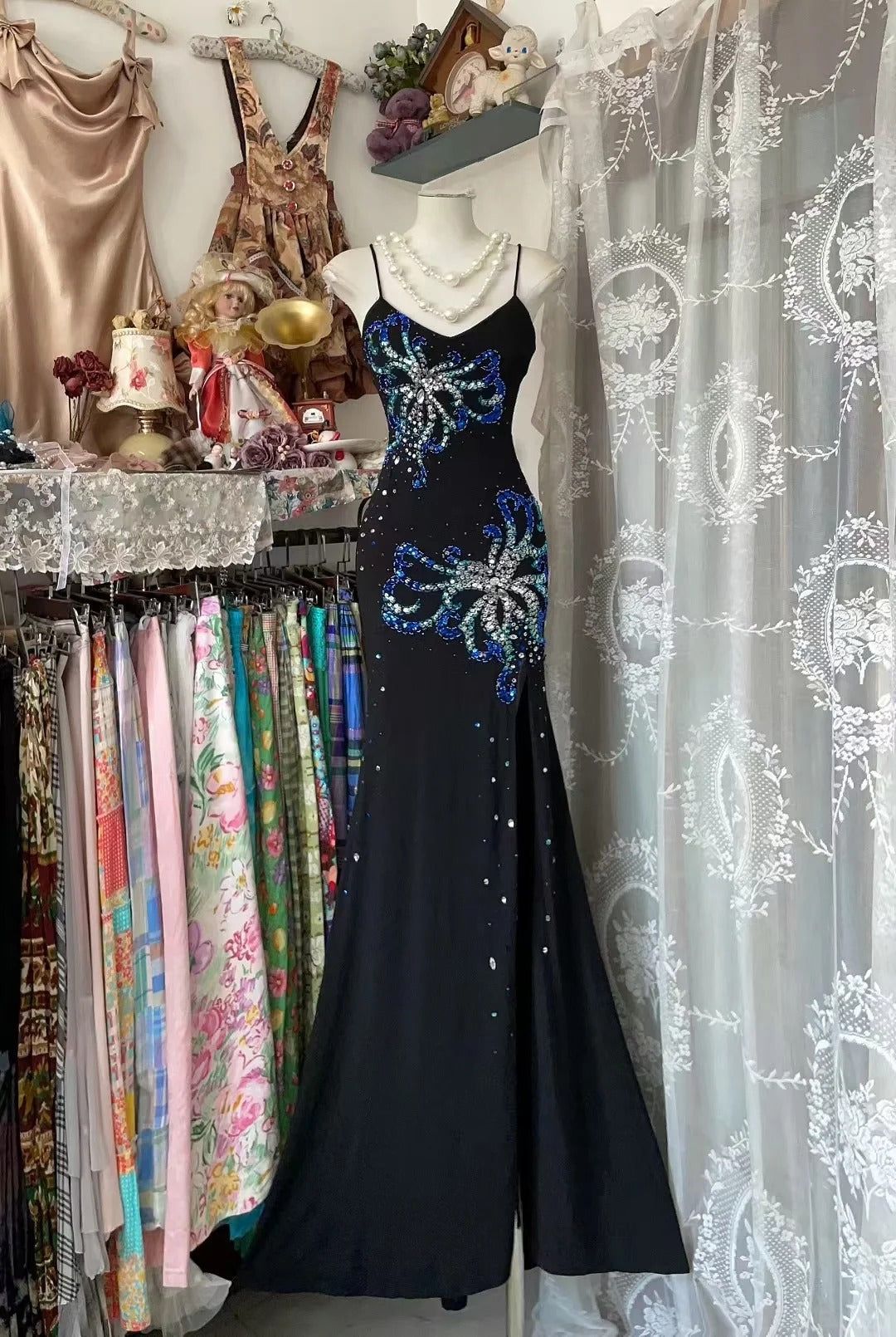 Robe de soirée élégante à bretelles spaghetti, fourreau en mousseline, robe de bal à sequins AB1859