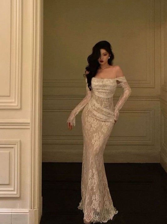 Modest Off The Shoulder Lace Mermaid Long Prom Dresses Formal Party Gown For Women AB1527