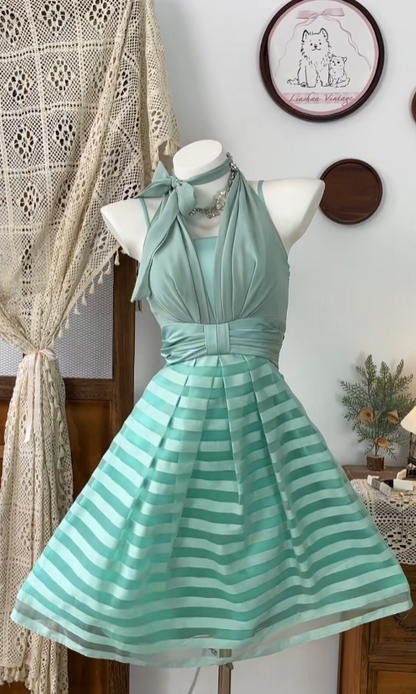 Vintage A Line Halter Green Chiffon Short Mini Party Homecoming Dresses High School Ideas Inspo 18th Birthday Outfits RB7362