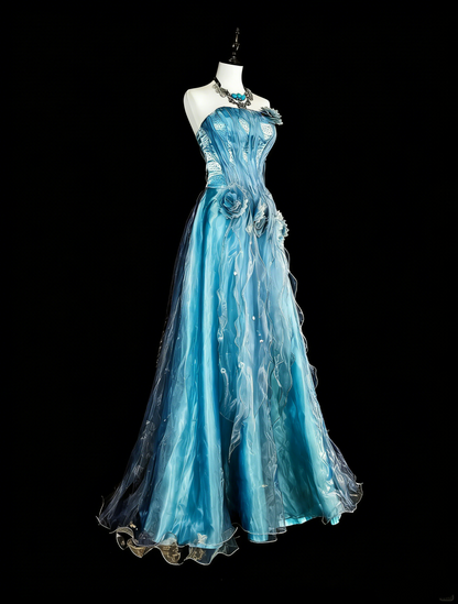 Vintage Prom Dresses Aesthetic A line Blue Tulle Beaded Classic Inspo Party Dress N2003