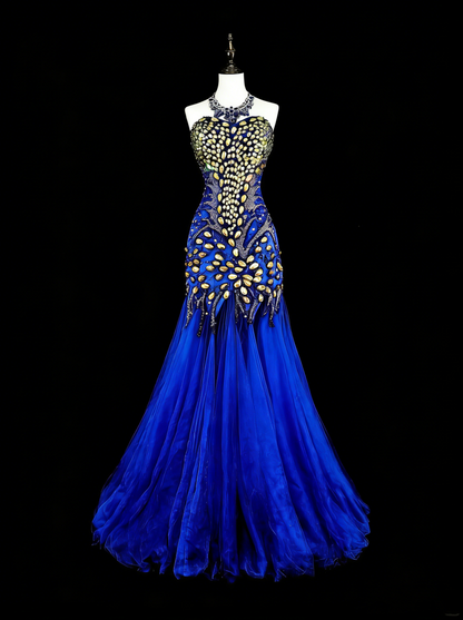 Robe de bal longue vintage sirène bleu royal en tulle, coupe cœur, années 70, référence N1833