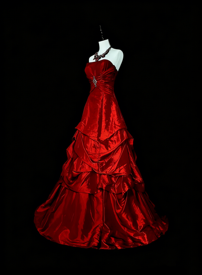 Robe de bal rétro bustier rouge en satin sans manches, style années 70, robe de soirée longue et élégante N1491
