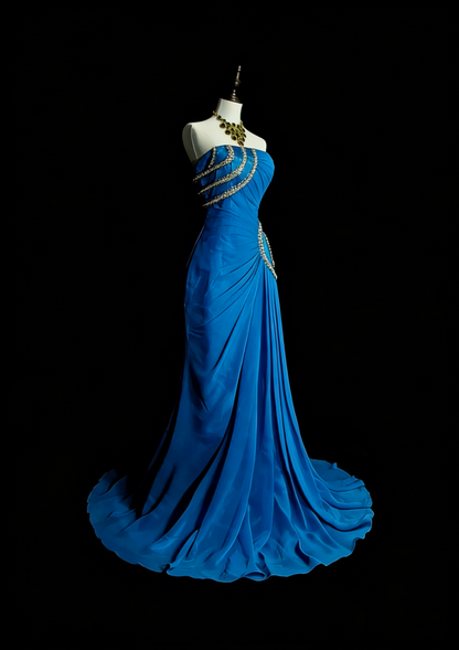 Robe de bal d'été longue, bustier, en mousseline bleue ornée de perles, style sirène vintage, N1423