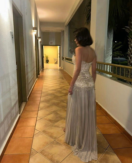 Classy A line Sweetheart Champagne Chiffon Drop Waist Beaded Long Prom Dresses Party Dress 18th Birthday Outfits Graduation Dress N903