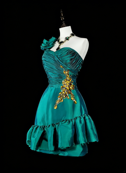 Schickes Etui-Kleid, One Shoulder, Grün, Satin, Abschlussball, Kurz, Mini, Homecoming-Kleid, Hoco-Kleid N2717
