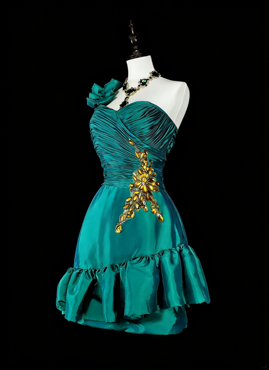Pretty Sheath One Shoulder Green Satin Graduation Short Mini Homecoming Dresses Hoco Dress N2717