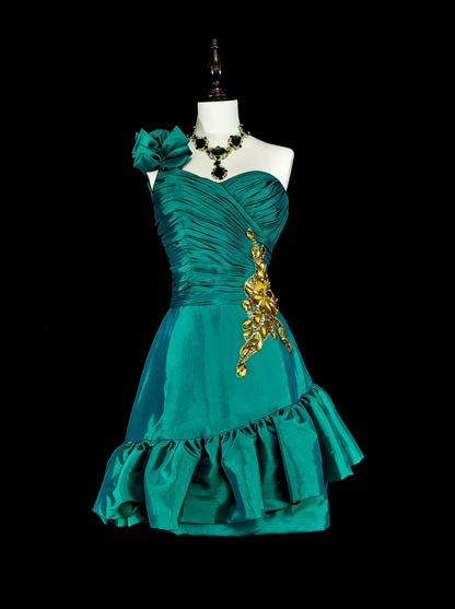 Schickes Etui-Kleid, One Shoulder, Grün, Satin, Abschlussball, Kurz, Mini, Homecoming-Kleid, Hoco-Kleid N2717
