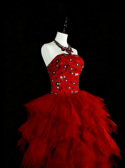 Unique Ball Gown Strapless Tulle Red Inspo 2000s Hoco Gowns Short Inspo Homecoming Dresses N1747