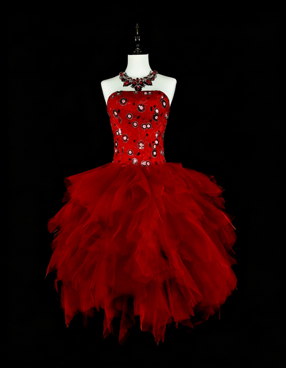 Unique Ball Gown Strapless Tulle Red Inspo 2000s Hoco Gowns Short Inspo Homecoming Dresses N1747