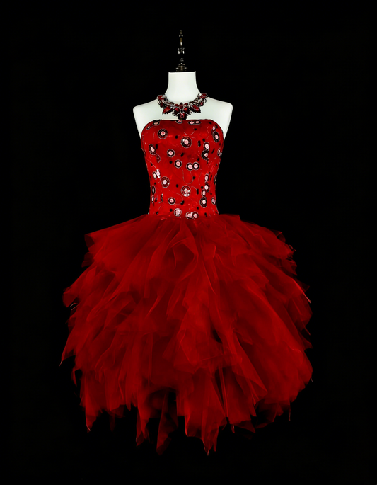 Unique Ball Gown Strapless Tulle Red Inspo 2000s Hoco Gowns Short Inspo Homecoming Dresses N1747