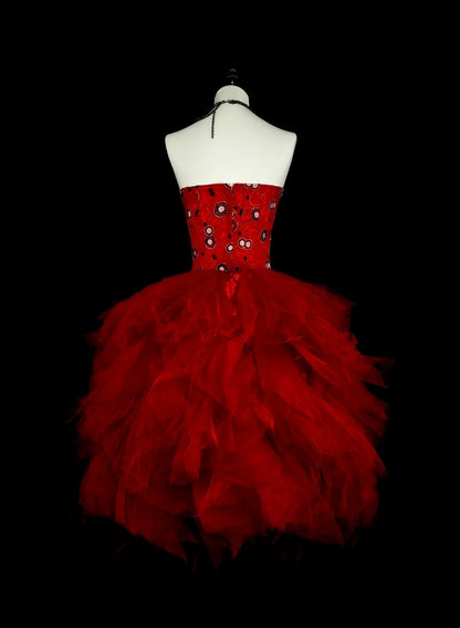 Unique Ball Gown Strapless Tulle Red Inspo 2000s Hoco Gowns Short Inspo Homecoming Dresses N1747