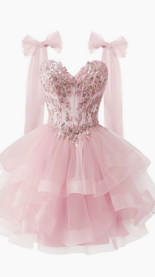 Sexy Ball Gown Spaghetti Strap Pink Lace Short Mini Party Dress Cocktail Homecoming Dresses N4232