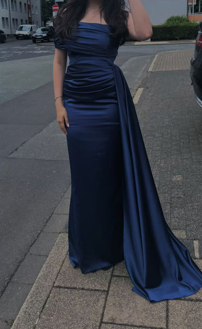 Elegant Mermaid Off The Shoulder Navy Blue With Pleated Sleeves Long Formal Prom Evening Dress Dinner Outfits Party Gowns AB2061