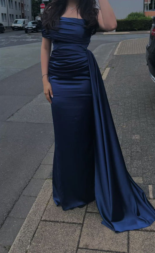 Elegantes, schulterfreies Meerjungfrauenkleid in Marineblau mit plissierten Ärmeln, langes, formelles Ballkleid, Abendkleid, Dinner-Outfit, Partykleid AB2061