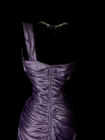Vintage Prom Dresses 1950s Mermaid One Shoulder Purple Satin Floor Length Sleeveless Evening Formal Outfits RB4930