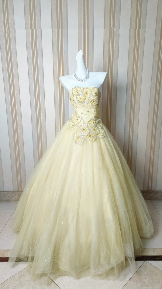 Princess Ball Gown Strapless Yellow Ruffled Layers Tiered With Flowers Sweet 16 Dresses Quinceanera Dress N4184