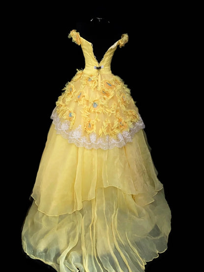 Princess Ball Gown Off The Shoulder Yellow Long Lace Sweet 16 Dresses Seventeen Quince Dress RB4020