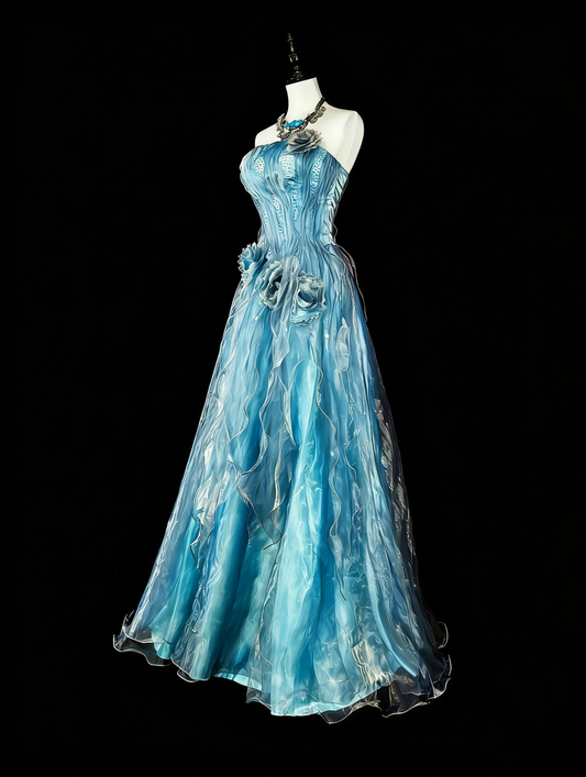 Vintage Prom Dresses Aesthetic A line Blue Tulle Beaded Classic Inspo Party Dress N2003