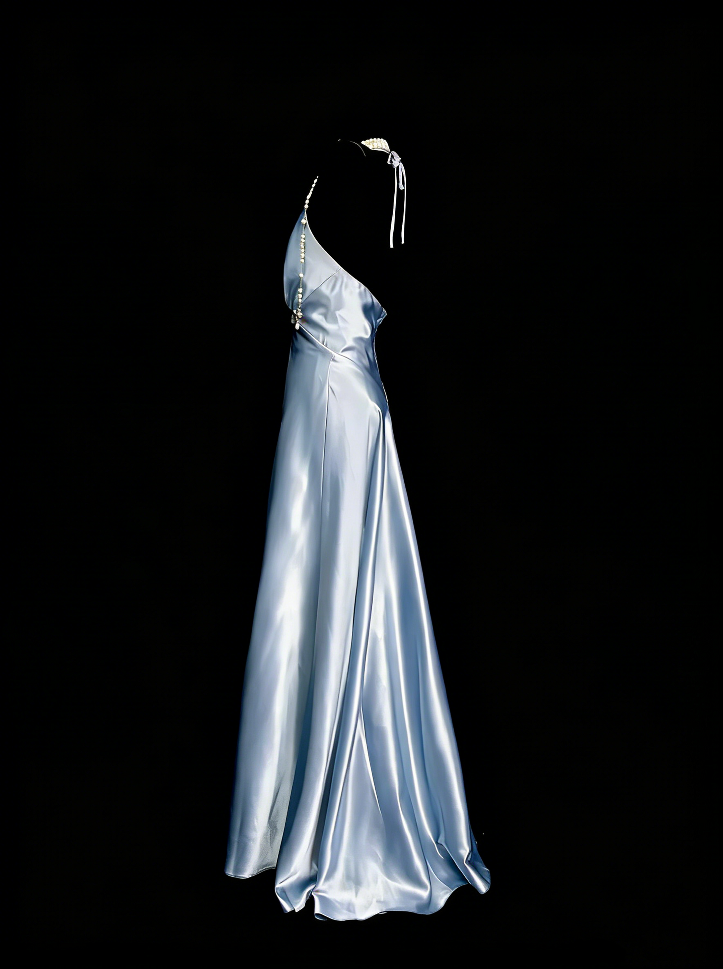 Vintage A-Linien-Neckholderkleid aus hellblauem Satin, ärmellos, 80er-Jahre-Stil, langes formelles Abendkleid N1446