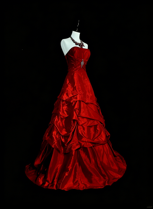 Robe de bal rétro bustier rouge en satin sans manches, style années 70, robe de soirée longue et élégante N1491